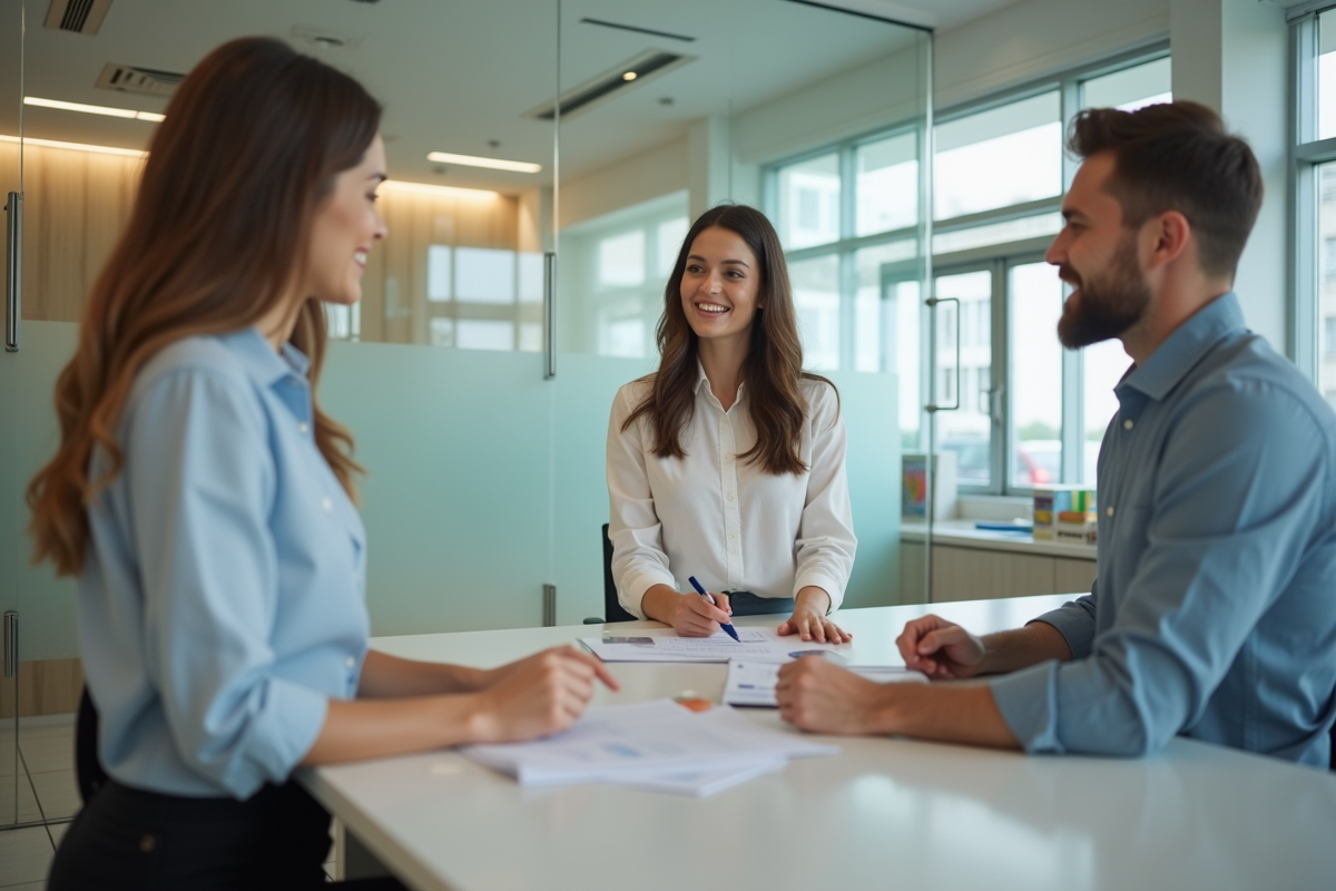 Femme discutant avec un conseiller bancaire dans un bureau lumineux