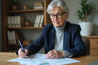 Femme mature consultant ses documents de retraite à son bureau à domicile