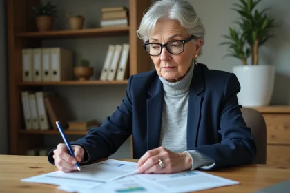 Femme mature consultant ses documents de retraite à son bureau à domicile