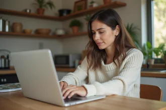 Femme détendue travaillant sur son ordinateur dans une cuisine chaleureuse