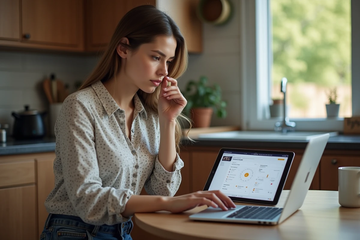 Jeune femme regardant écran dans une cuisine chaleureuse