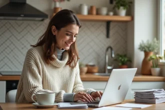 Femme concentrée travaillant sur son ordinateur dans une cuisine chaleureuse