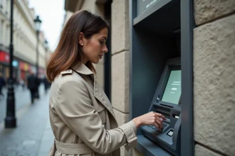Femme devant un distributeur automatique de billets affichant un message d'erreur de carte bloquée dans une rue urbaine