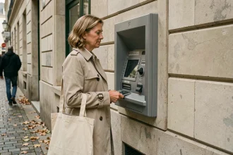 Femme utilisant un distributeur de billets intégré dans une façade en pierre sur une rue urbaine pavée