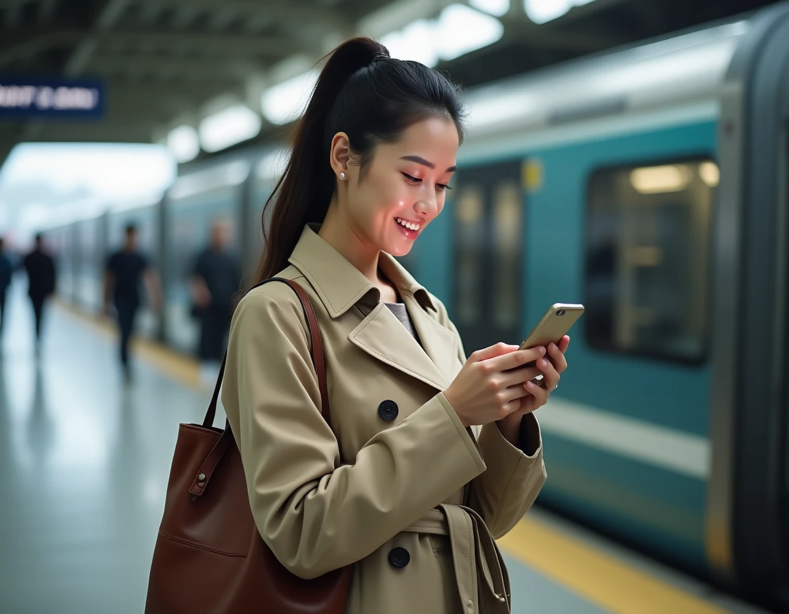 Jeune femme accédant à son espace client Progéliance sur smartphone dans une gare en déplacement