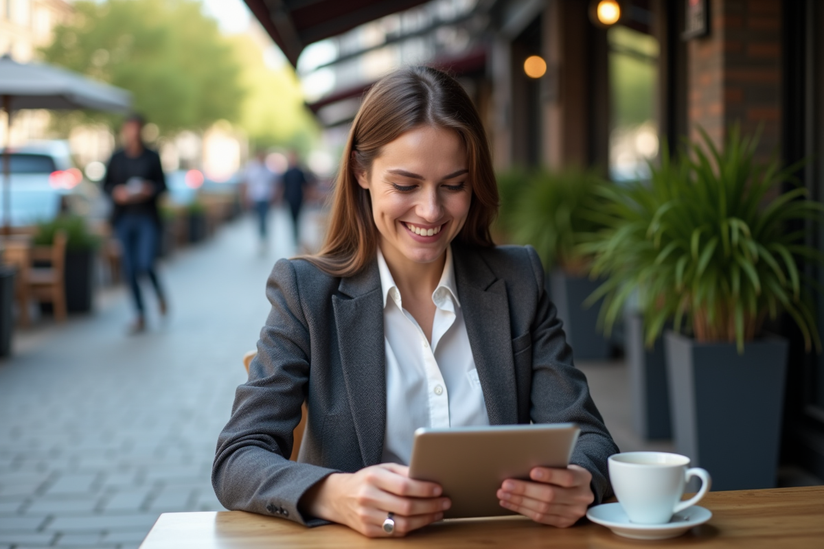 Jeune femme souriante vérifiant ses données financières au café