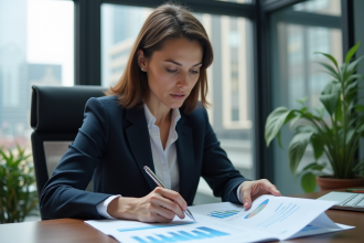 Femme d'affaires examine des rapports financiers détaillés