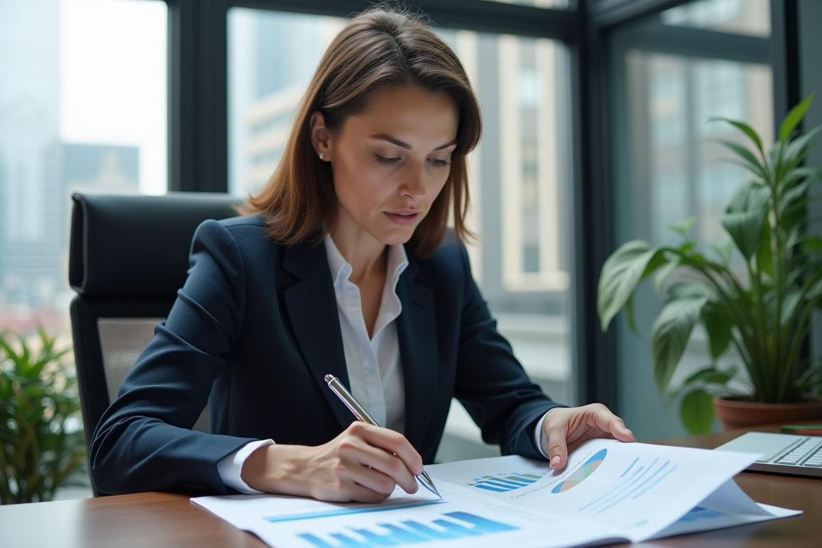 Femme d'affaires examine des rapports financiers détaillés