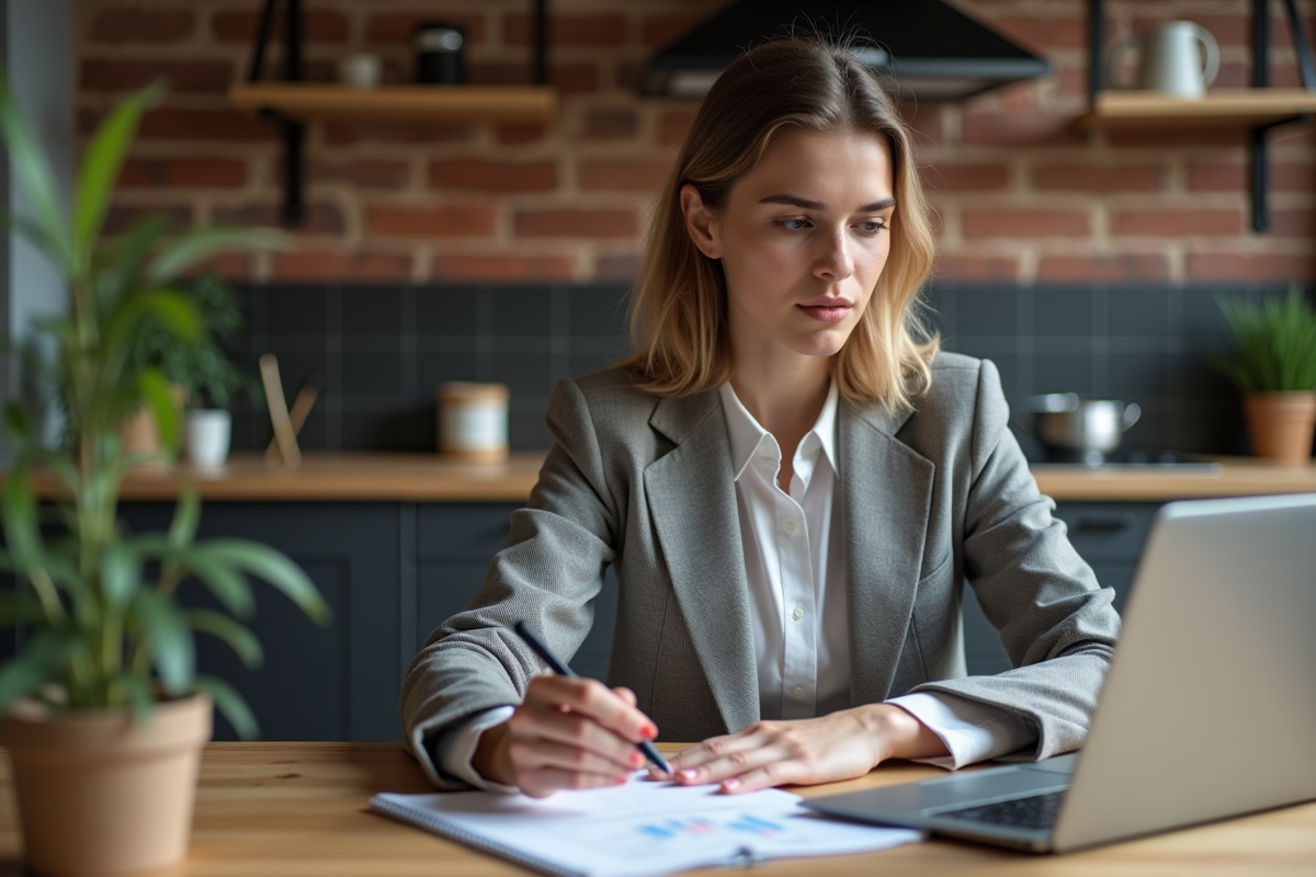 Jeune femme en tenue décontractée examine des documents financiers
