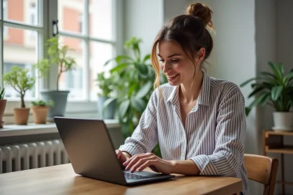 Jeune femme avec smartphone dans son appartement moderne