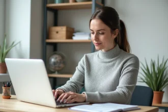 Femme gérant son budget personnel sur une application bancaire depuis son bureau à domicile