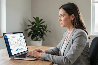 Femme consultant son compte Crédit Agricole Nord Est en ligne depuis son bureau à domicile