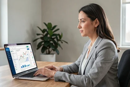 Femme consultant son compte Crédit Agricole Nord Est en ligne depuis son bureau à domicile