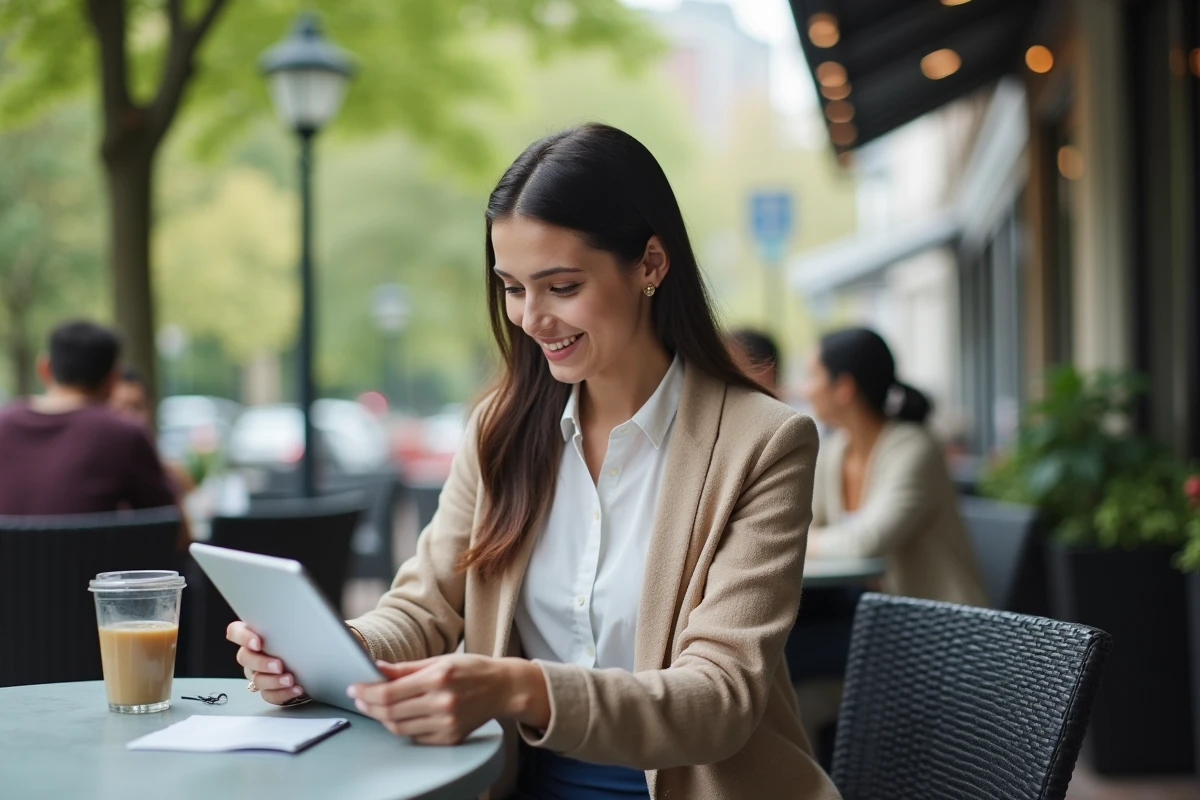 Jeune femme souriante vérifiant ses investissements au café en plein air