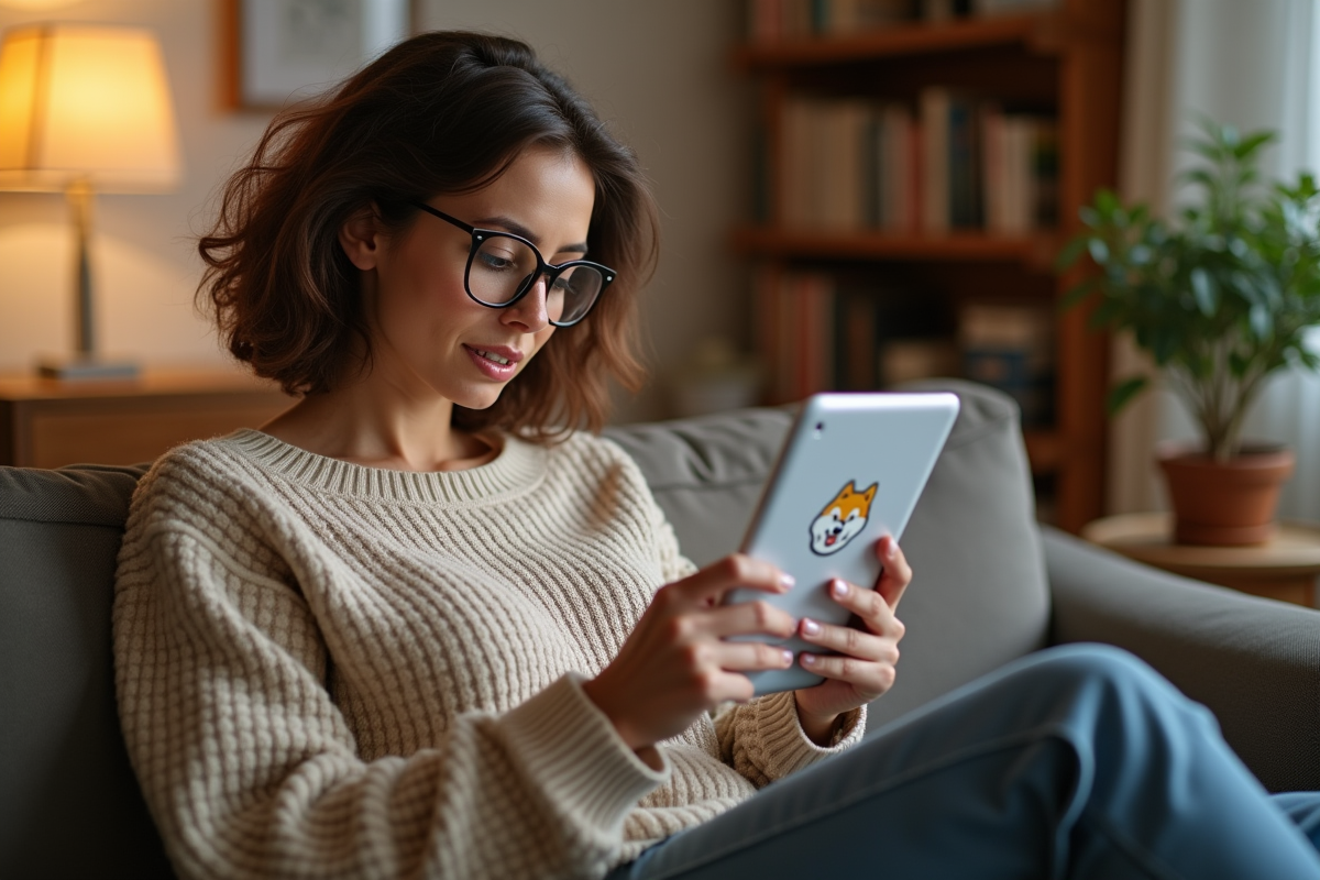 Femme âgée regardant une application crypto sur tablette
