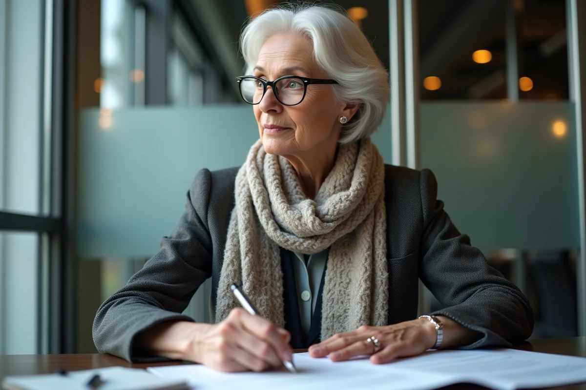 Femme mature regardant un document financier dans un bureau moderne