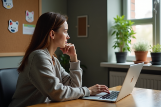Jeune femme regardant un graphique de Shiba Inu sur son ordinateur