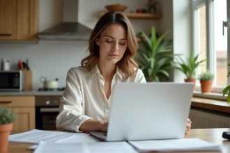 Femme concentrée à son bureau cuisine moderne
