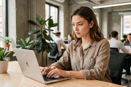 Jeune femme lisant la signification d'un sigle sur son ordinateur portable dans un espace de coworking moderne