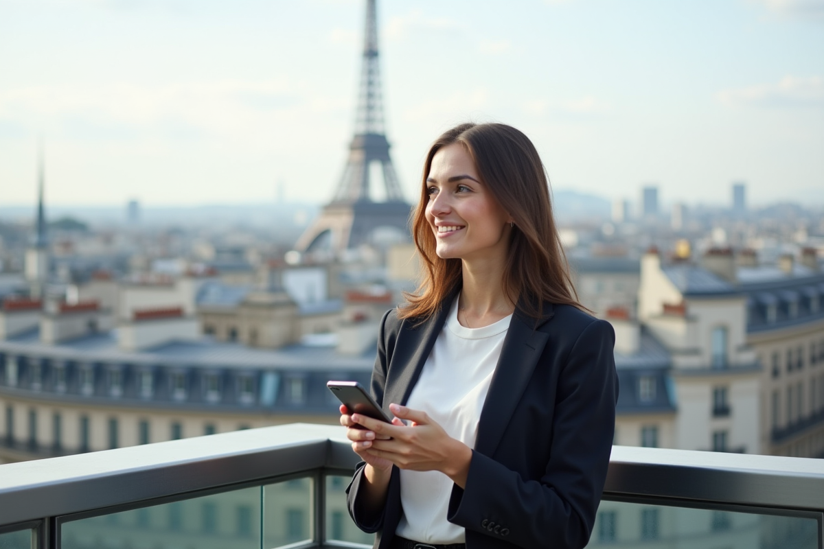 Jeune femme souriante sur un toit de Paris avec son smartphone