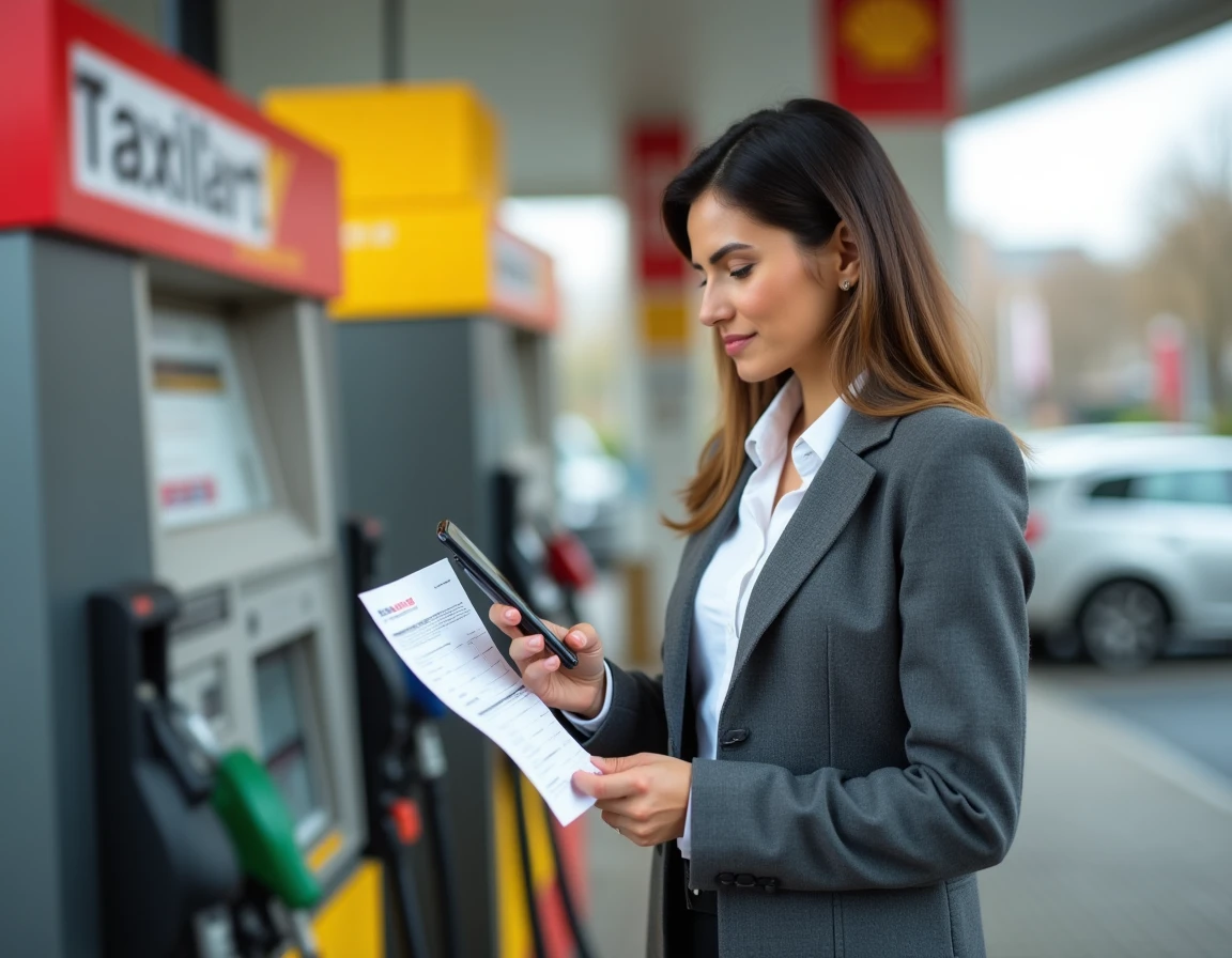Femme consultant sa note de carburant et une application fiscale à la station-service
