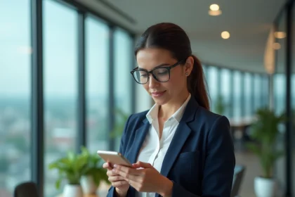 Femme professionnelle utilisant l'espace client Progéliance sur smartphone dans un bureau moderne vitré
