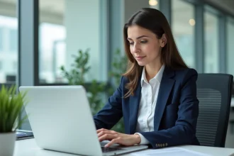 Jeune femme en bureau utilisant un ordinateur portable