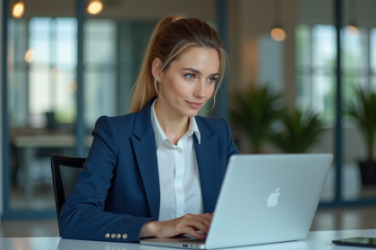 Femme professionnelle en blazer bleu dans un bureau moderne