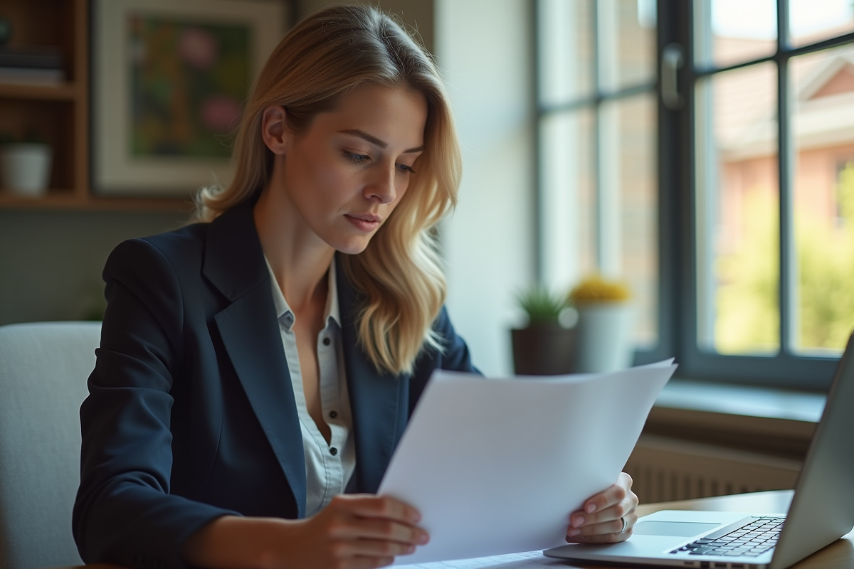 Femme d affaires lisant un document à la maison