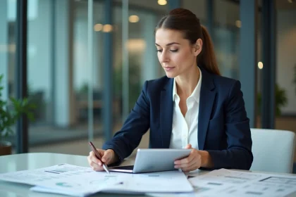 Femme professionnelle examinant des documents financiers pour une demande de prise en charge de formation par la Commercial Finance Association