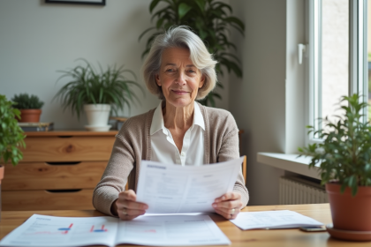 Femme française âgée consulte ses documents de retraite dans une cuisine chaleureuse