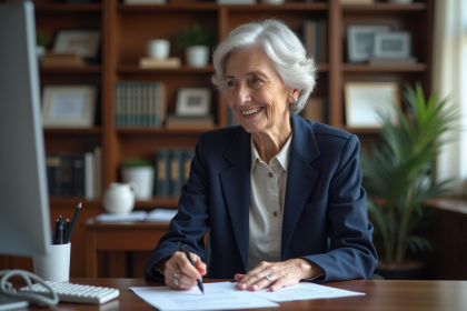 Femme d'une soixantaine d'années dans son bureau