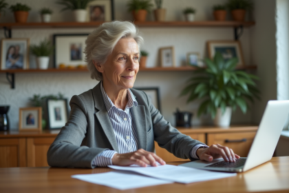 Femme retraitée souriante dans sa maison chaleureuse