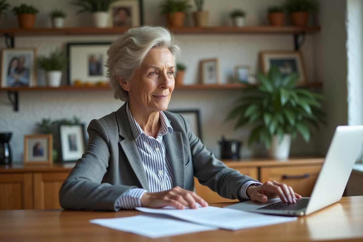Femme retraitée souriante dans sa maison chaleureuse