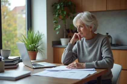 Femme de 50 ans examine ses documents financiers à la maison