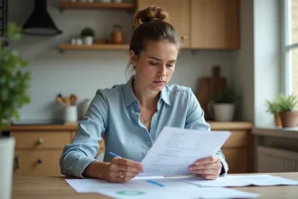 Femme en intérieur examinant des documents d'assurance