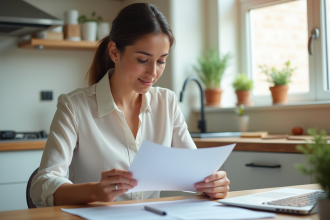 Femme en blouse et jeans examine documents de mortgage