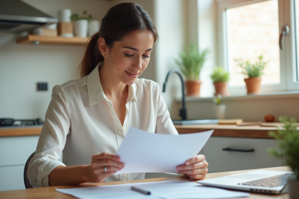 Femme en blouse et jeans examine documents de mortgage