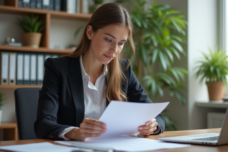 Femme en bureau professionnel examine un dossier de financement