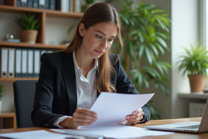 Femme en bureau professionnel examine un dossier de financement
