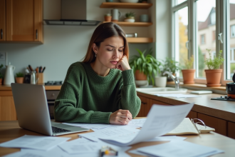 Jeune femme en cuisine examine des documents financiers