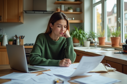 Jeune femme en cuisine examine des documents financiers