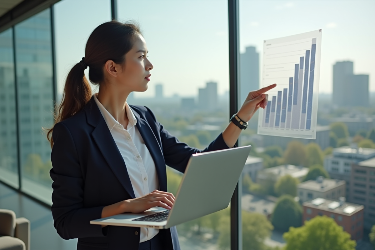 Jeune femme sur un toit urbain analysant un graphique S&P 500