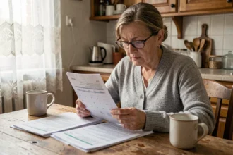 Femme senior consultant un calendrier de paiement de pension d'invalidité et des documents financiers à la maison