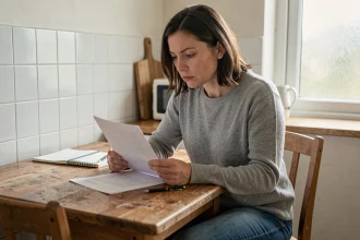 Femme seule consultant des documents administratifs liés au RSA à son domicile