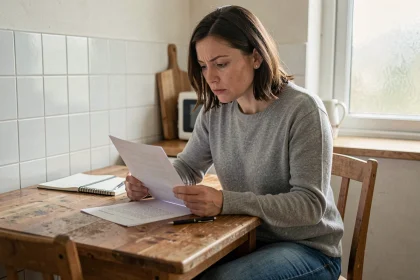 Femme seule consultant des documents administratifs liés au RSA à son domicile