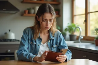 Jeune femme inquiète avec portefeuille et smartphone