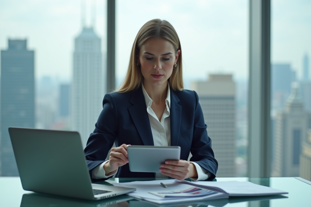Femme en costume dans un bureau moderne avec vue urbaine