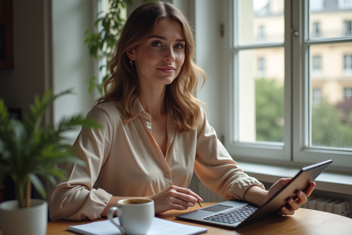 Femme avec tablette et carnet dans une cuisine parisienne