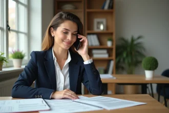 Femme au téléphone contactant le service Cetelem pour son assurance de prêt depuis son bureau à domicile